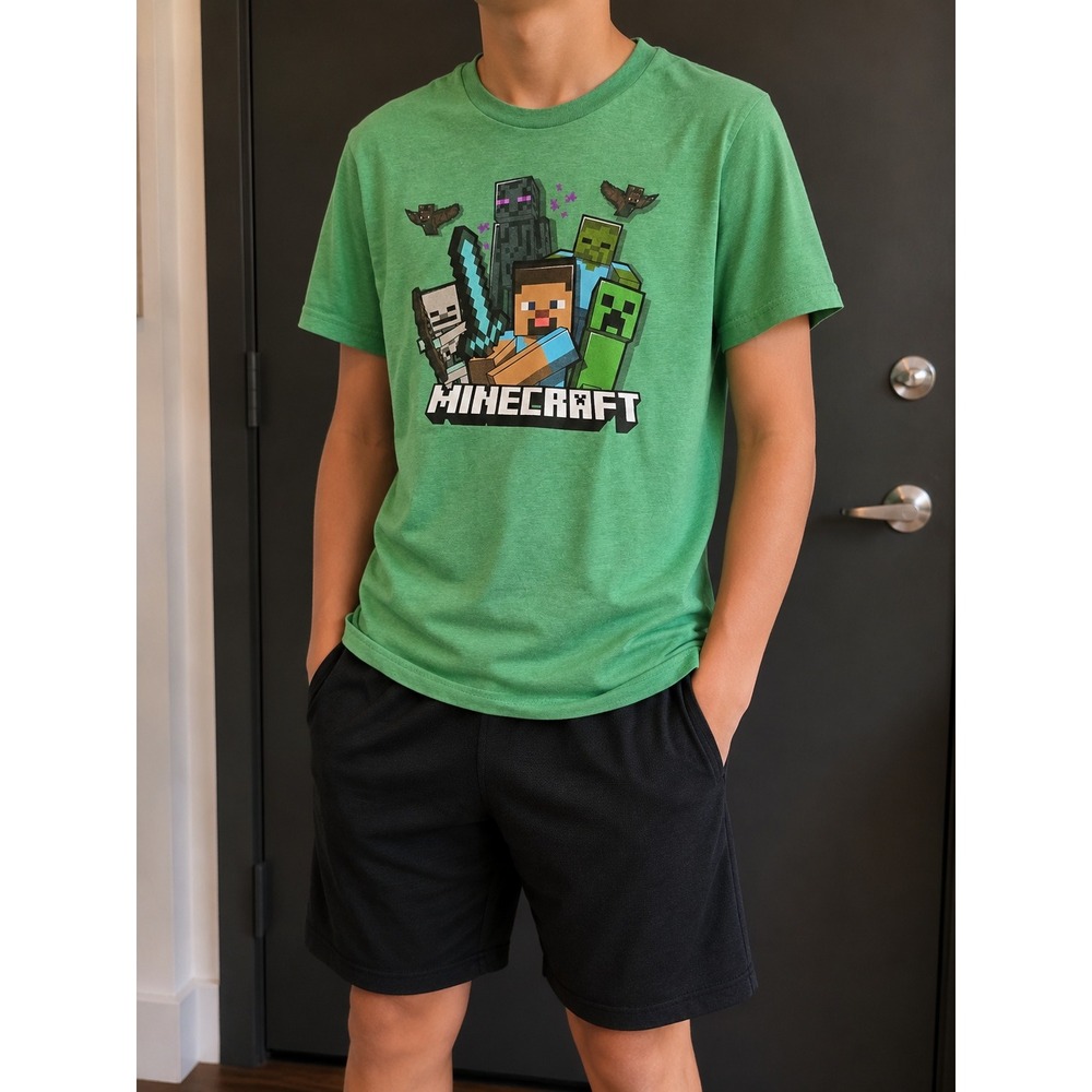 Minecraft Boys Graphic T-Shirt Green Heather Steve Creeper Size 14/16 Large NWT